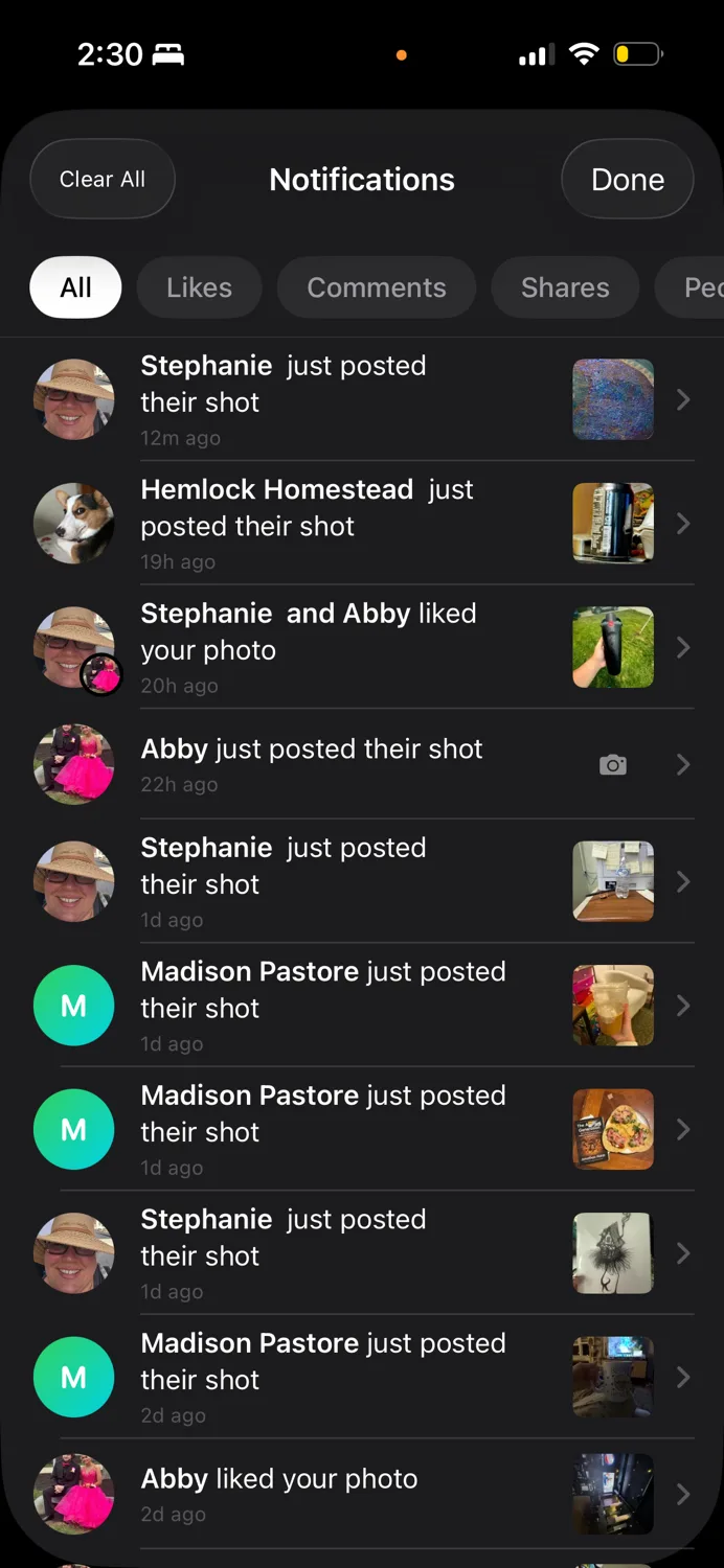 Huzzah notifications showing friends who just posted their shot